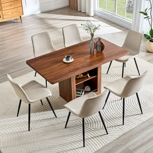 English Elm Expandable Walnut Finish Dining Set with Six Cushioned Pu Chairs for Modern Interiors Walnut+Black,Warm Grey W1151S04718
