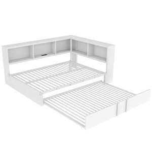 English Elm Metal Full Size Daybed with Trundle, Built-In Storage Cabinets & USB Ports for Small Rooms White DL001523AAK