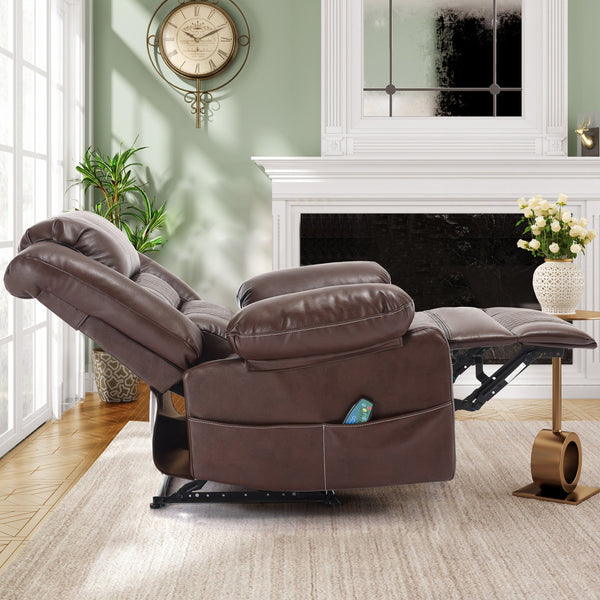 English Elm Breathable Leather Massage Recliner with 8-Point Massage, Heated Lumbar, 4-Zone Relief & Pockets Brown W1403P156677