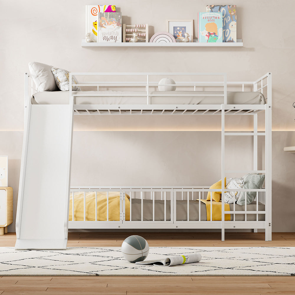 English Elm Twin Twin over Twin metal bunk bed with slide, guardrails and convertible loft design for safety and playfulness White SF000169AAK