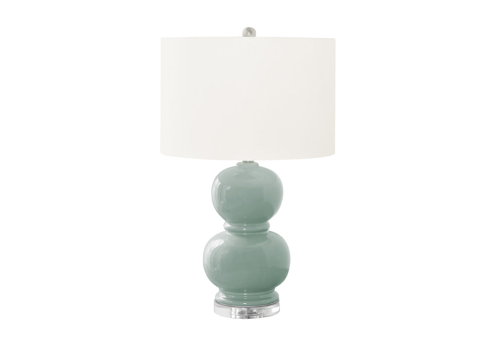 English Elm Lighting, Contemporary 25"H Ceramic Double Gourd Table Lamp on Acrylic Base with Ivory Drum Shade and 3-Way Switch Blue 16 L x 16 W x 18 H B2710P221302