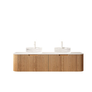 English Elm Dina 60 Inch Floating Bathroom Vanity Sintered Stone Top Dual Glass Basins Wood Grain Carrara White,Natural Wood,Transparent W2615S00239