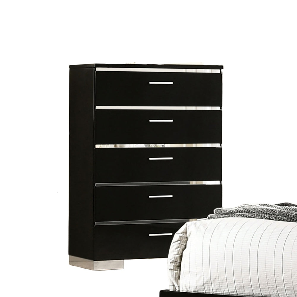 English Elm Black Sleek Chest with Gold Accents and Acrylic Trim, Dust‑Proof Drawers, Metal Bracket Legs, Modern Appeal Black 39 L x 22 W x 57 H B2741P371023