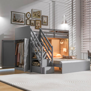 English Elm Twin Over Full Bunk Bed with Wardrobe Storage Stairs Shelves and Usb Charging Gray LT000292AAE