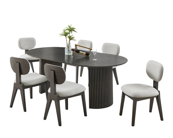 English Elm Venezia Oval Gray Oak Veneer Dining Set Seats Six with Fluted Pedestal Base B2749S00328