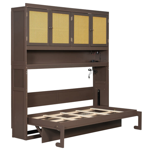 English Elm Twin Murphy Bed with Rattan Cabinet Doors Led Lighting and Usb Charging for Small Spaces Espresso LP000740AAP