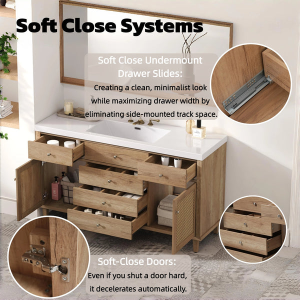 English Elm Christopher Knight Home® - 60" Modern Bathroom Vanity with Durable SMC Sink, Rattan Doors, Soft-Close Drawers, Pine Legs Antique Natural N817P296130N