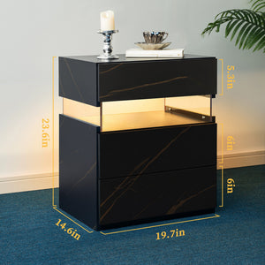 English Elm Led Nightstand with Rgb Acrylic Glow Panel Three Drawers Walnut Bedroom Table Black+Gold W2178P412303