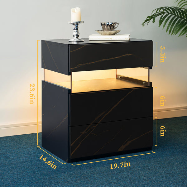 English Elm Led Nightstand with Rgb Acrylic Glow Panel Three Drawers Walnut Bedroom Table Black+Gold W2178P412303