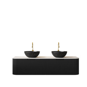 English Elm Dina 60 Inch Floating Bathroom Vanity Sintered Stone Top Dual Glass Basins Wood Grain Black,White W2615S00267