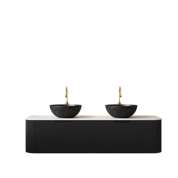 English Elm Dina 60 Inch Floating Bathroom Vanity Sintered Stone Top Dual Glass Basins Wood Grain Black,White W2615S00267
