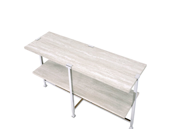 English Elm Brecon Modern Round End Table with Paper Veneer Wood Top and Metal X-Frame Support, 100lb Capacity Chrome,White Oak 52.75 L x 20.5 W x 5.75 H B2726P375340