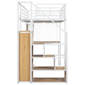 English Elm Twin Metal Loft Bed with Desk, Wardrobe & LED Lighting — Space-Saving Twin Loft with Storage Staircase GX000662AAK