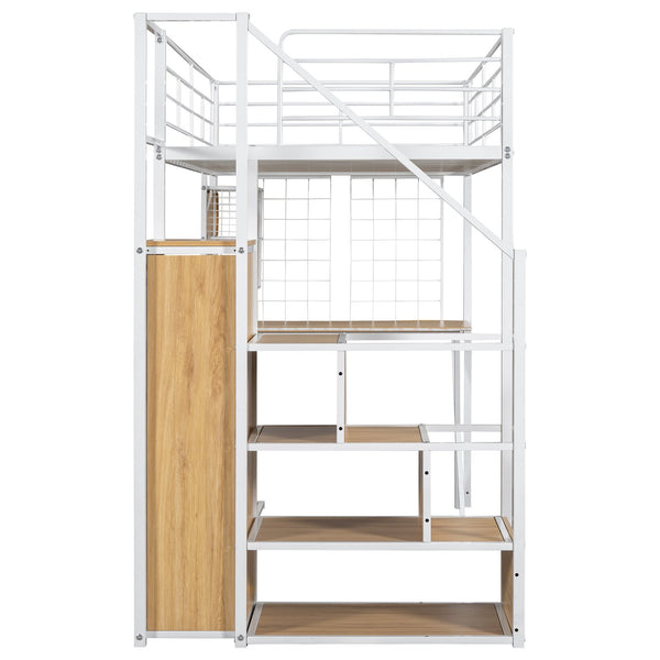 English Elm Twin Metal Loft Bed with Desk, Wardrobe & LED Lighting — Space-Saving Twin Loft with Storage Staircase GX000662AAK