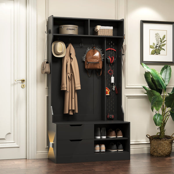 English Elm Hall Tree with Bench Six Hooks Open Shelves Matte Black Mdf Entryway Organizer W1321P444289