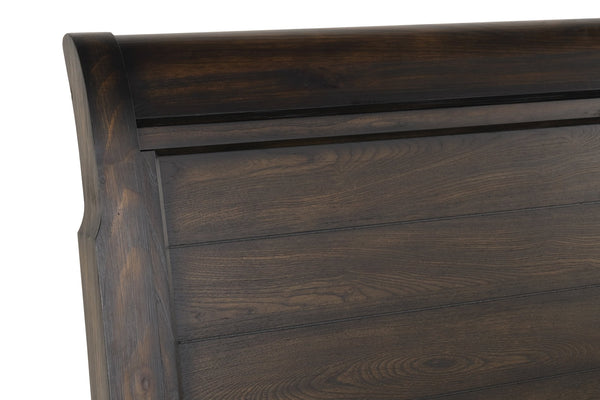 English Elm Queen Sleigh Bed Dark Mahogany Set with Dresser, Mirror, Chest & Nightstand — Solid Wood, Hardware B2699S00069