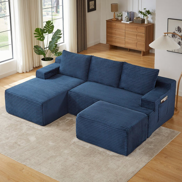 English Elm L-shaped Cloud Sectional Corduroy Sleeper Sofa Deep Pocket Spring Seat Modular Lounge W2339S00109