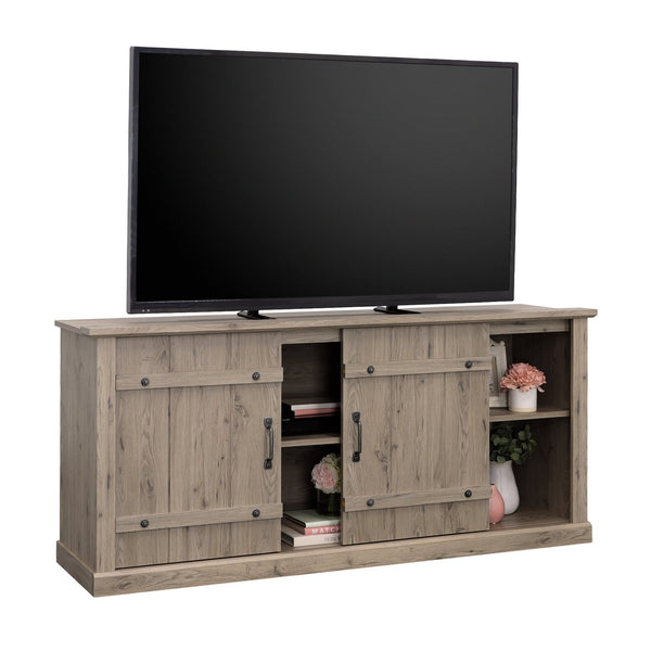 English Elm Credenza, Rustic 70" TV Stand with Sliding Barn Doors, Adjustable Shelves, Cord Management, 62" Plain Light Oak B356P354410