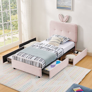 English Elm Twin Kids Boucle Upholstered Bed Rabbit Ear Headboard Led Lighting Four Storage Drawers Pink W1413P384920
