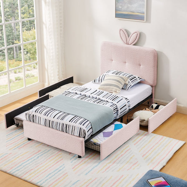 English Elm Twin Kids Boucle Upholstered Bed Rabbit Ear Headboard Led Lighting Four Storage Drawers Pink W1413P384920