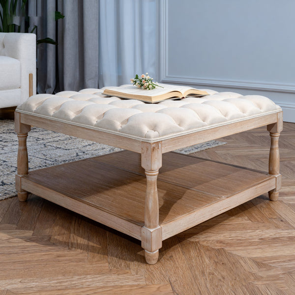 English Elm 33-inch Tufted Square Ottoman Coffee Table with Storage Shelf, Solid Wood Frame, Farmhouse Beige Elegance W3426P385593