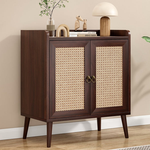English Elm Sideboard Rattan Door Buffet Cabinet with Baffle Edge, Spacious Storage Credenza for Dining Hallway Walnut T3623P381053