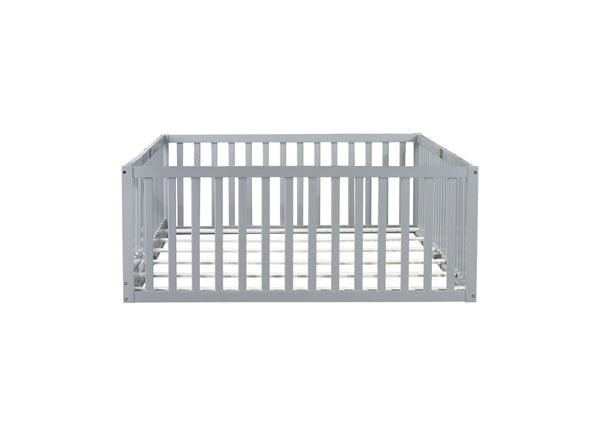 English Elm Twin Floor Bed Solid Rubber Wood with Tall Safety Railings for Toddler Sleep Grey W504P287657