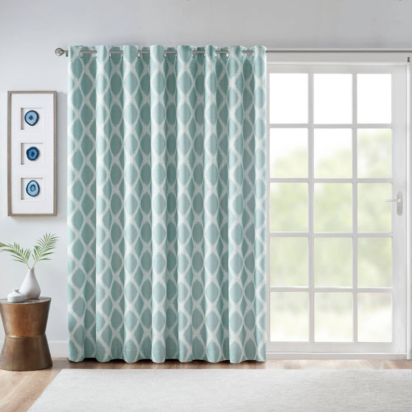 JLA Home SunSmart - Printed Ikat Blackout Panel with Silver Grommets — Thermal Noise-Reducing Fabric for Patio Privacy Aqua SS40-0112