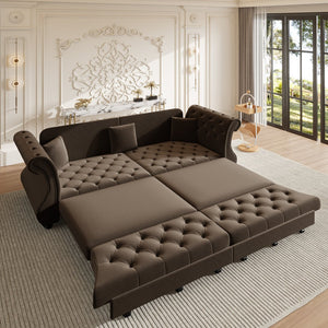 English Elm 97.6" Oversized Velvet Chesterfield Sleeper Sofa Floral Tufted Roll Arm Living Room Couch Brown W1885S00399