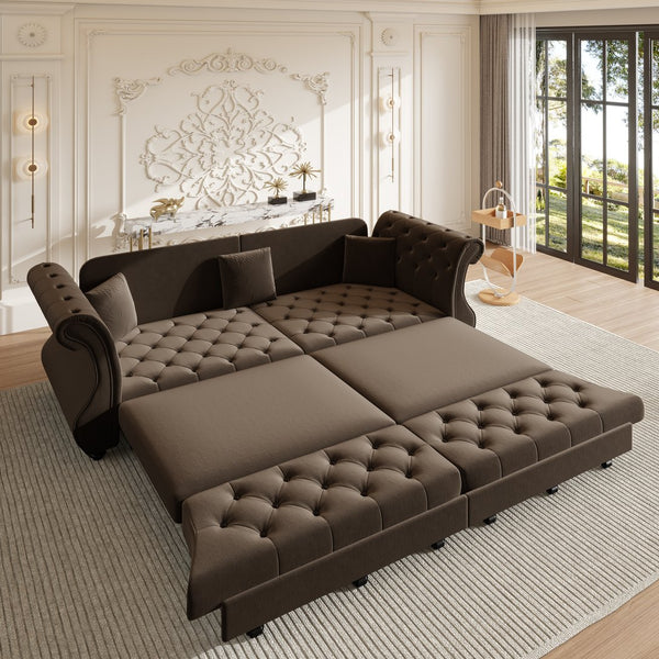 English Elm 97.6" Oversized Velvet Chesterfield Sleeper Sofa Floral Tufted Roll Arm Living Room Couch Brown W1885S00399