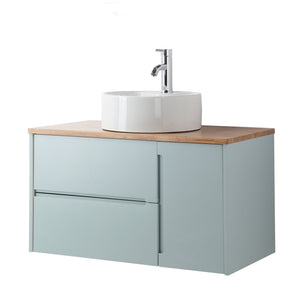 English Elm 36-Inch Wall-Mounted Bathroom Vanity With Blue Cabinet, Natural Wood Top & Round Ceramic Sink Design W3151S00011