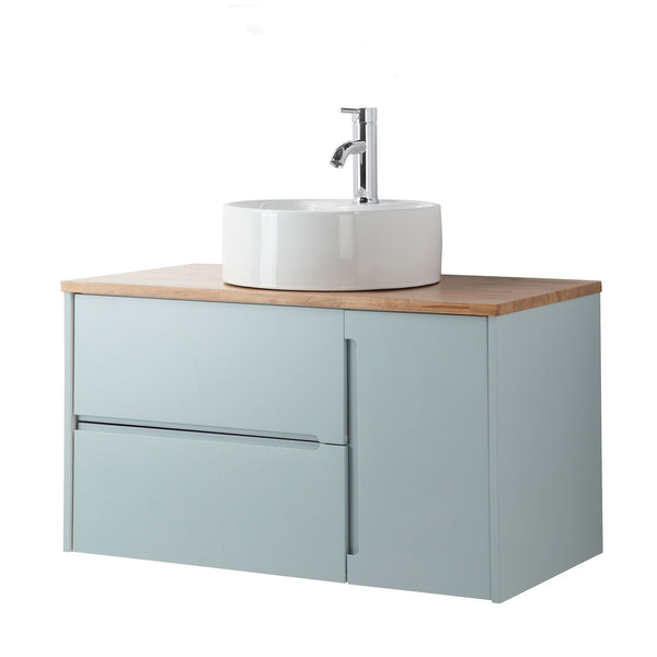 English Elm 36-Inch Wall-Mounted Bathroom Vanity With Blue Cabinet, Natural Wood Top & Round Ceramic Sink Design W3151S00011