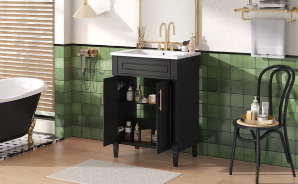 English Elm 24" Bathroom Vanity with Integrated Ceramic Sink and Adjustable Shelf, Vintage Hardware, Space-Saving Design Black N710P277711B