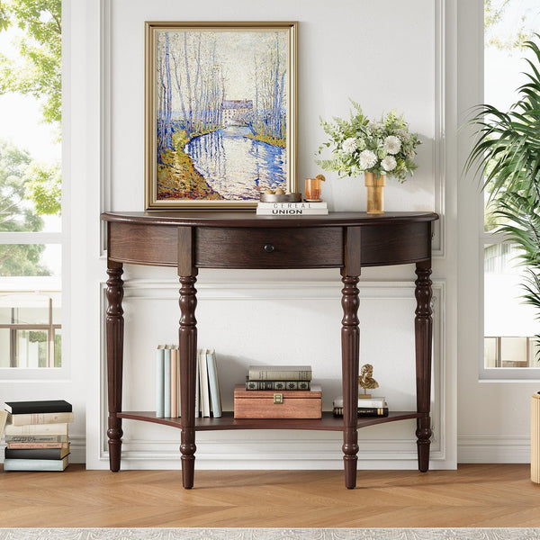 English Elm Trexm Farmhouse Half Moon Entryway Console with Drawer Open Shelf Pine Legs Espresso N715P383795P