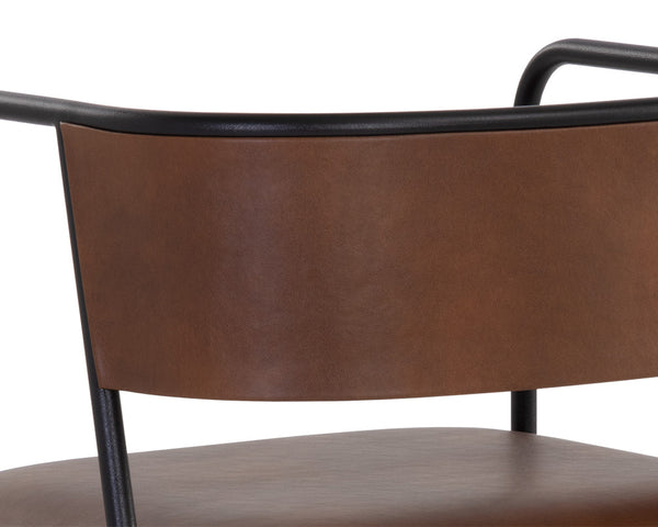 Sunpan Brenan Dining Armchair – Elegant Curved Backrest, Faux Leather Comfort, Black Metal Frame, Unique Craftsmanship Bravo Cognac