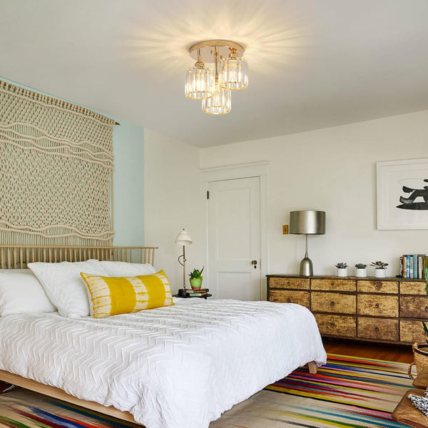 English Elm Modern Semi Flush Mount Crystal Ceiling Light - 3-Light Golden Fixture with Clear Prismatic Shades for Bedroom Hallway Kitchen Bath W2738P185420