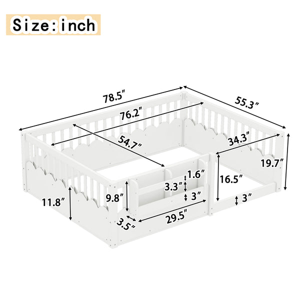 English Elm Twin Low Profile Kids Floor Bed Pine Wood Frame with Safety Rail and Built in Bookshelf White W1580P373138