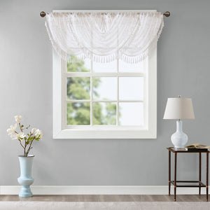 JLA Home Madison Park - Diamond Sheer Valance with Embroidered Diamond Motif, Tassel Trim, Waterfall Drape for Soft Light White MP41-4933
