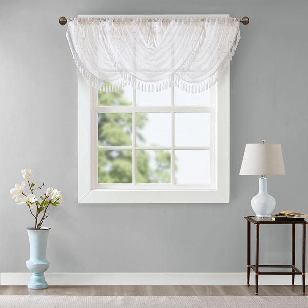 JLA Home Madison Park - Diamond Sheer Valance with Embroidered Diamond Motif, Tassel Trim, Waterfall Drape for Soft Light White MP41-4933