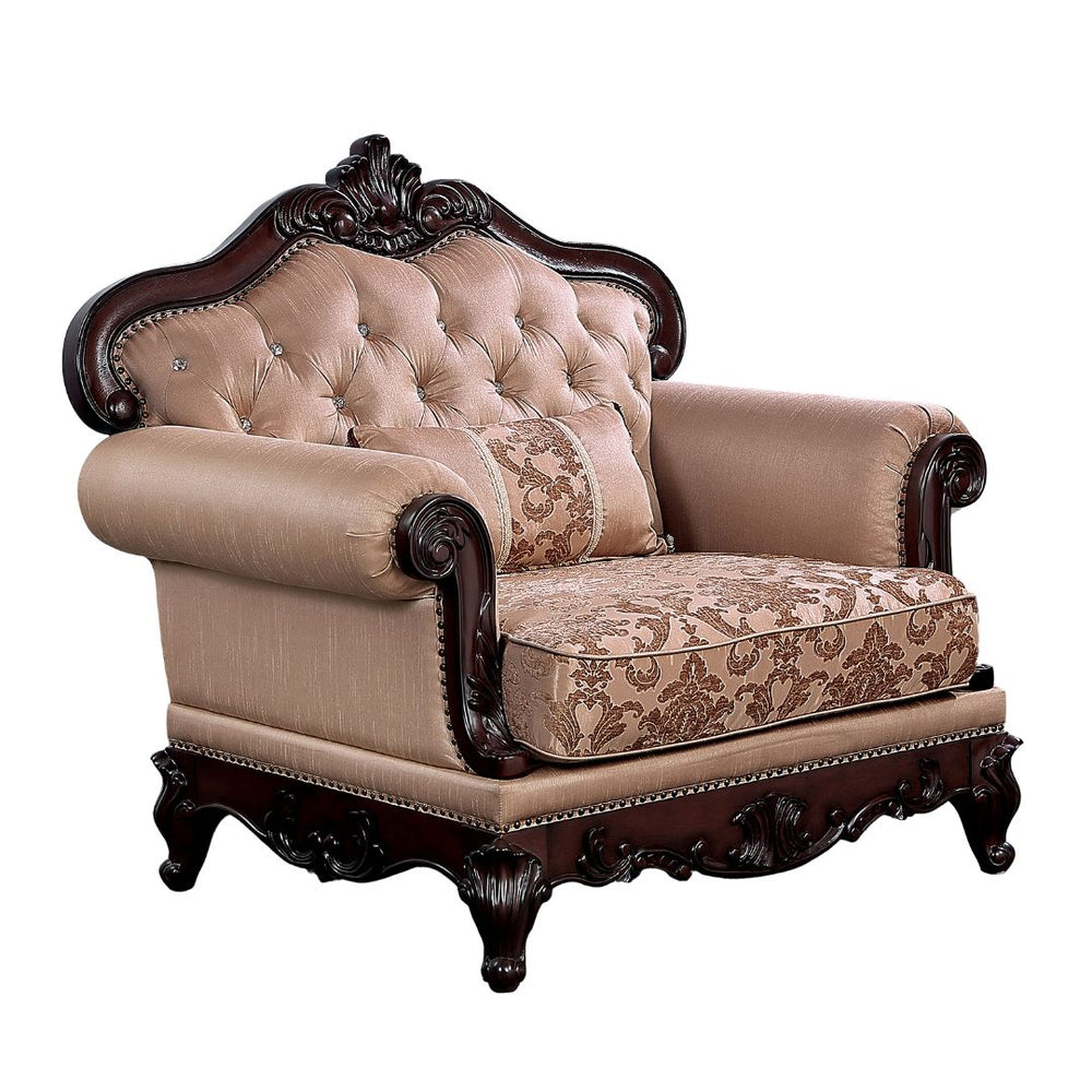 English Elm Dark Cherry Wood Accent Chair Button Tufted Rolled Arms Nailhead Trim Jacquard Seat B2741P439041