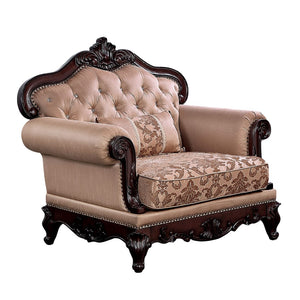English Elm Dark Classic Tufted Accent Chair with Rolled Arms, Carved Wood Trim and Nailhead Detailing, Luxe Seating Statement Cherry,Light Brown 49 L x 36 W x 22 H B2741P380261