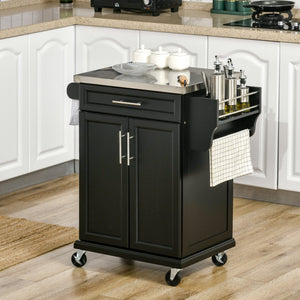 English Elm Homcom Rolling Kitchen Island Cart With Stainless Steel Top, Drawer, Spice Rack & Towel Holder, Black W2225P200674