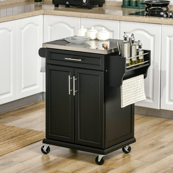 English Elm Homcom Rolling Kitchen Island Cart With Stainless Steel Top, Drawer, Spice Rack & Towel Holder, Black W2225P200674