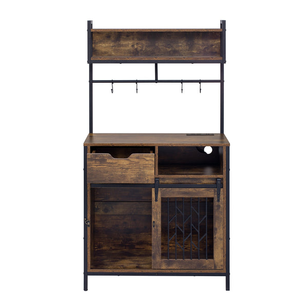 English Elm 2 IN 1 Rustic Dog Crate Side Cabinet Organizer with USB Outlets, Hooks & Sliding Kennel for Dogs N843P256449O