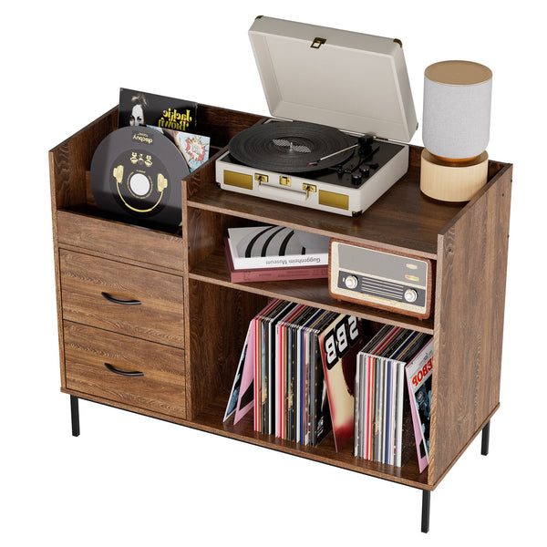 English Elm Record Player Stand with Flip-Down Lid, Built-In Power & USB, Dust-Protecting Turntable Console for 300+ Vinyls Brown W2735P332344