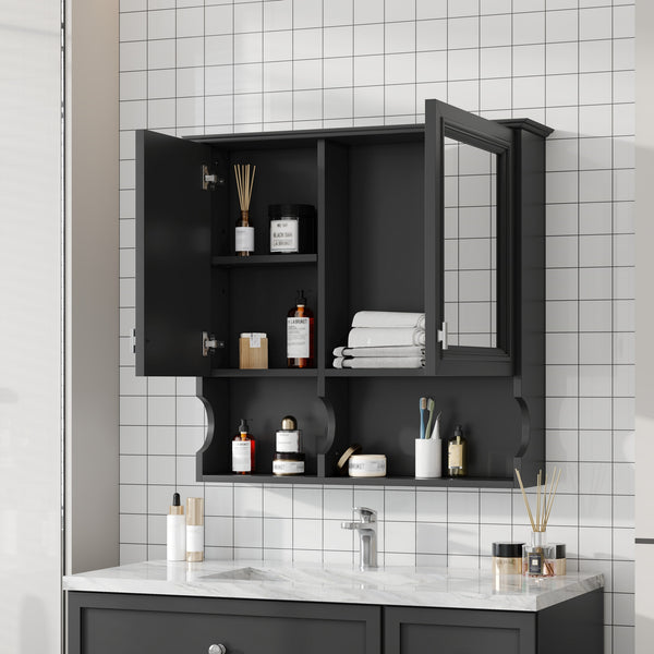 English Elm 30 30 Inch Mirror Medicine Cabinet with Half-Moon Design, Soft-Close Hinges, Open Shelf & Solid-Wood Frame Black N710P322812B