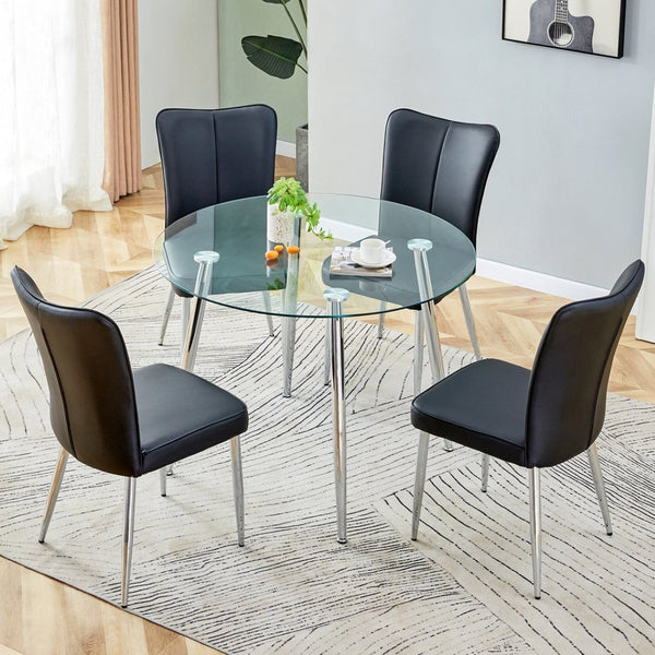 English Elm Table And Chair Set - Modern 38.6" Glass Dining Table With Silver Legs & 4 Stylish Black Pu Chairs W1151S03821-GIGA