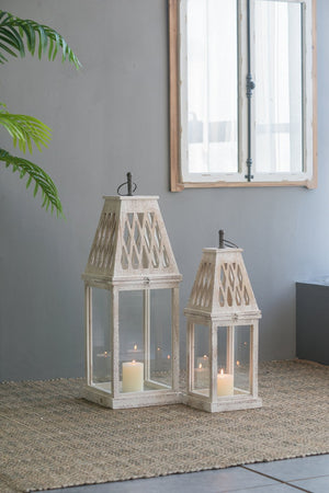 English Elm Set of 2 French Country Fir Wood Lanterns with Carved Lattice Tops Weathered White Finish W2078P495672
