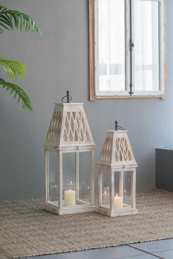 English Elm Set of 2 French Country Fir Wood Lanterns with Carved Lattice Tops Weathered White Finish W2078P495672