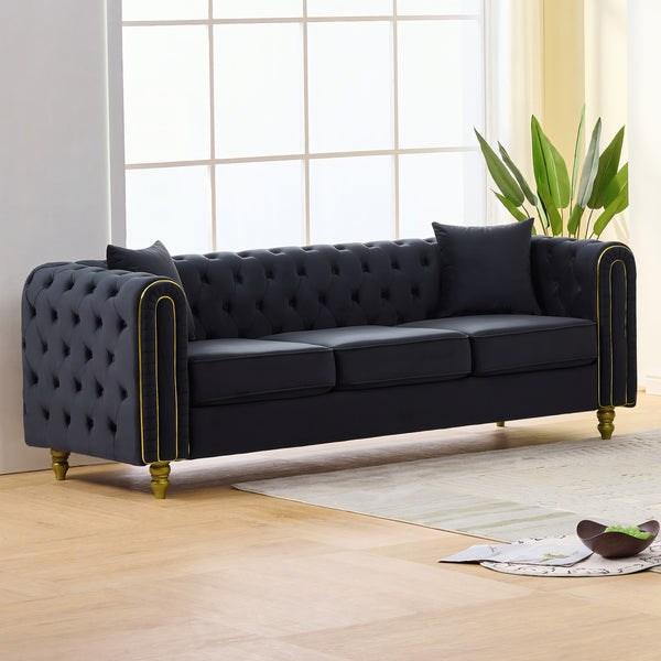 English Elm 86" Chesterfield Velvet Three Seat Sofa Button Tufted Rolled Arms Gold Legs Living Room Black W3373S00078